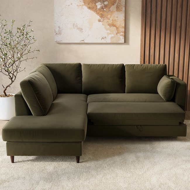 Khaki Green Velvet Left Hand Corner Sofa Bed with Storage - Seats 4 - Boe