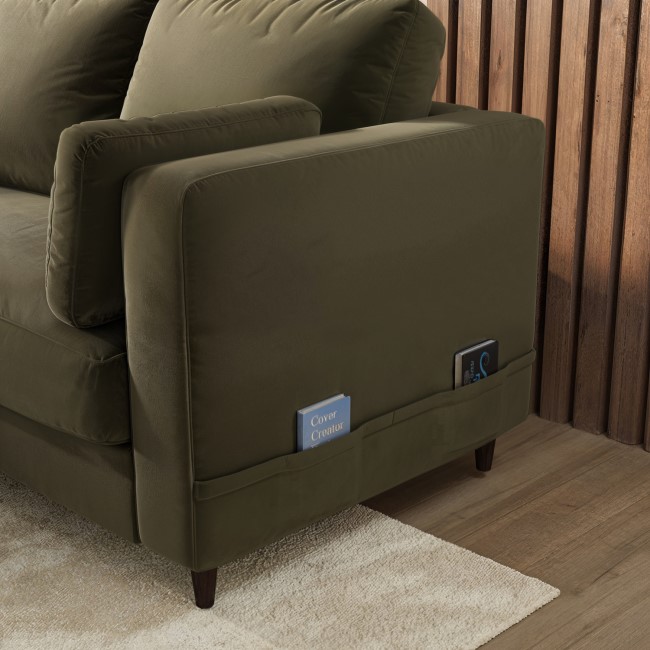 Khaki Green Velvet Left Hand Corner Sofa Bed with Storage - Seats 4 - Boe