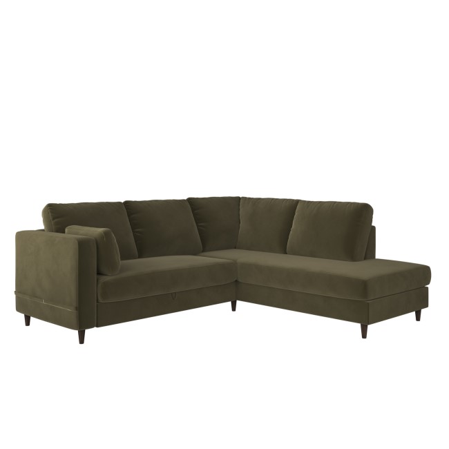 Khaki Green Velvet Right Hand Corner Sofa Bed with Storage - Seats 4 - Boe