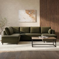 Khaki Green Velvet U-Shaped Left Hand Sofa Bed with Storage - Seats 6 - Boe