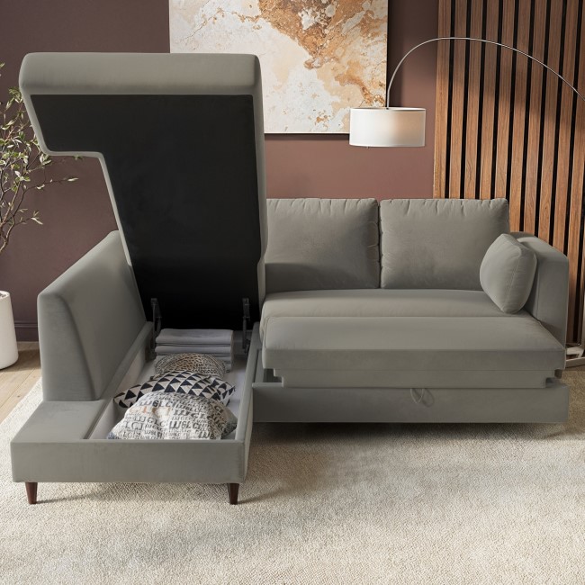 Grey Velvet Left Hand Corner Sofa Bed with Storage - Seats 4 - Boe