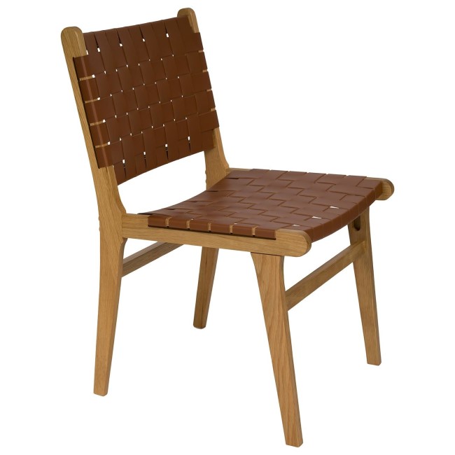 Set of 2 Solid Oak Tan Faux Leather Woven Dining Chairs - Bree