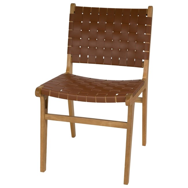 Set of 2 Solid Oak Tan Faux Leather Woven Dining Chairs - Bree