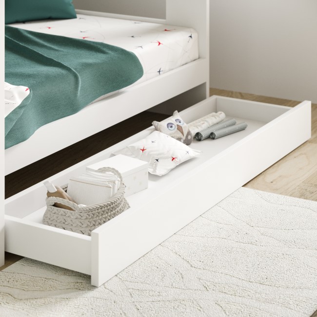 White Bunk Bed with Storage Shelves and Drawer - Aire