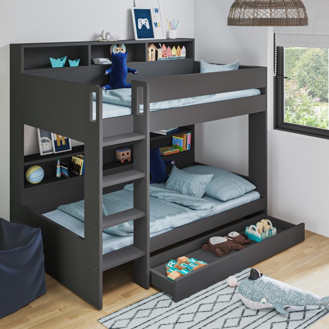 Grey Bunk Bed with Storage Shelves and Drawer - Aire