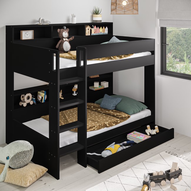 Black Bunk Bed with Storage Shelves and Drawer - Aire