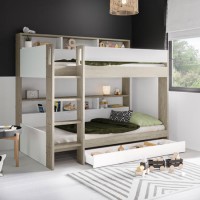 White and Oak Bunk Bed with Storage Shelves and Drawer - Aire