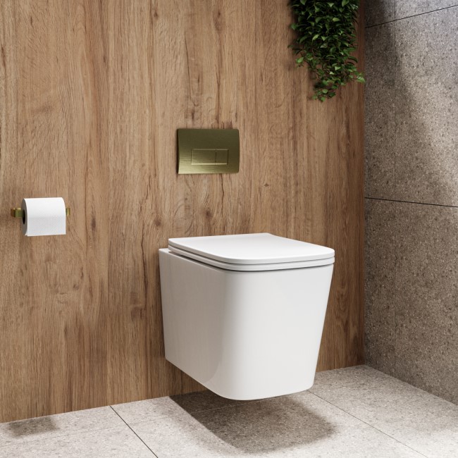 Albi Wall Hung Toilet 820mm Pneumatic Frame & Cistern & Brushed Brass Flush Plate