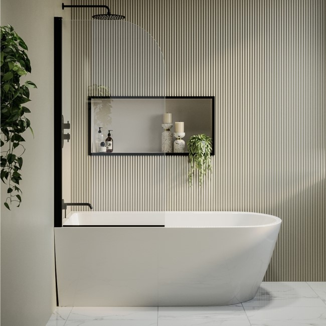 Freestanding Shower Bath Single Ended Left Hand Corner with Black Bath Screen 1650 x 800mm - Amaro