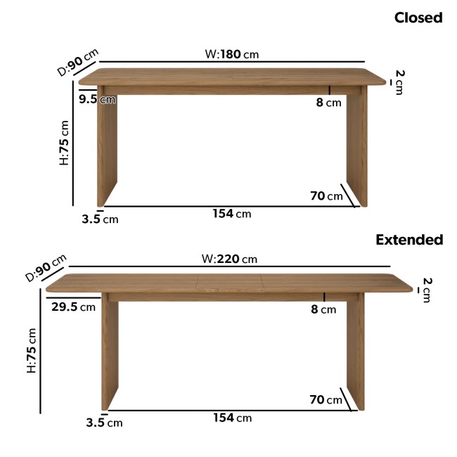 Large Rustic Oak Extendable Dining Table - 180-220cm - Seats 6 - 8 - Mia