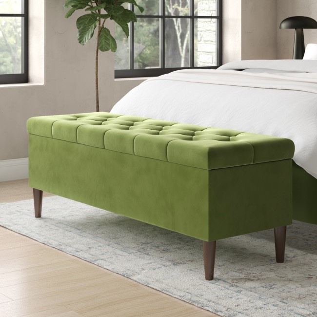 Cushioned Ottoman Storage Bench in Olive Green Velvet - Amara