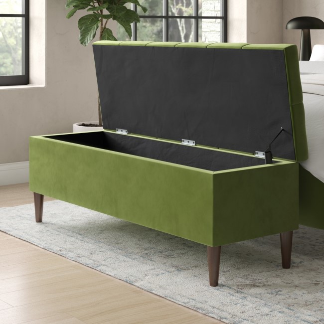 Cushioned Ottoman Storage Bench in Olive Green Velvet - Amara