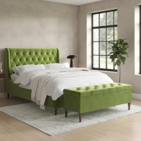 Olive Green Velvet King Size Ottoman Bed with Blanket Box - Amara