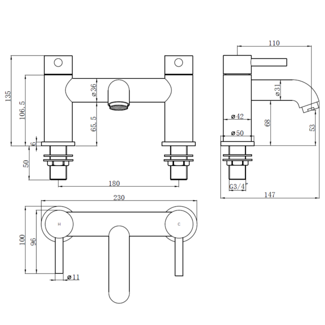 Black & Brass Bath Mixer - Arissa