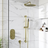 Brushed Brass Dual Outlet Wall Mounted Thermostatic Mixer Shower with Hand Shower - Arissa