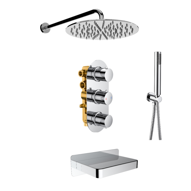 Chrome Triple Outlet Wall Mounted Mixer Shower Set With Hand Shower and Bath Filler Spout - Arissa