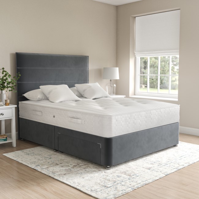 Grey Velvet Super King Divan Bed with 2 Drawers and Horizontal Stripe Headboard - Langston