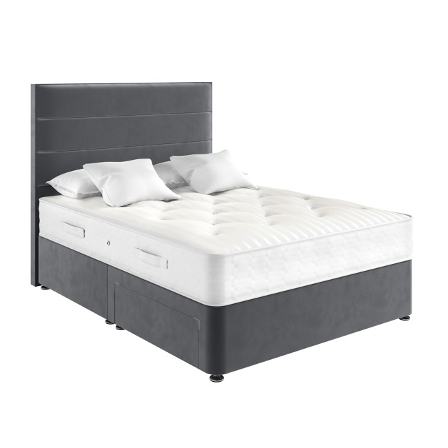 Grey Velvet Super King Divan Bed with 2 Drawers and Horizontal Stripe Headboard - Langston