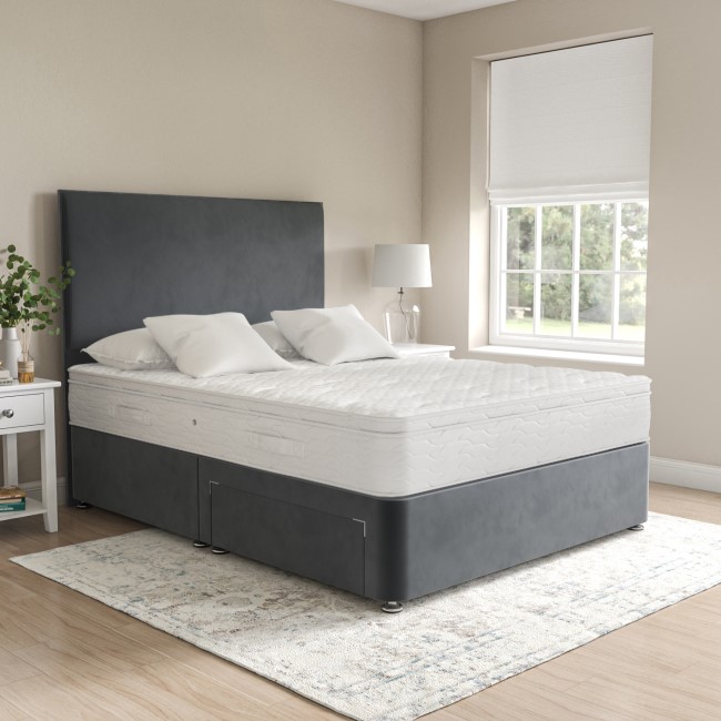 Grey Velvet Super King Divan Bed with 2 Drawers and Plain Headboard - Langston