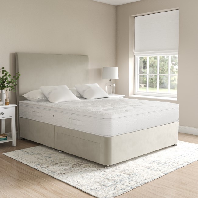 Beige Velvet King Size Divan Bed with 2 Drawers and Plain Headboard - Langston