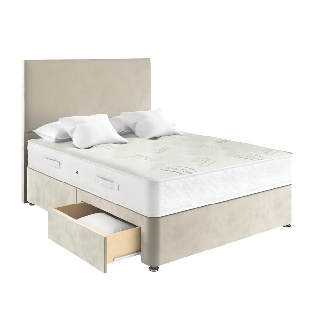 Beige Velvet King Size Divan Bed with 2 Drawers and Plain Headboard - Langston