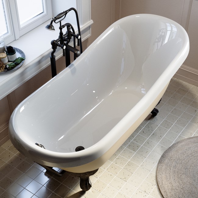 Beige Freestanding Single Ended Roll Top Slipper Bath with Black Feet 1615 x 690mm - Bowland