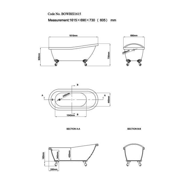 Beige Freestanding Single Ended Roll Top Slipper Bath with Chrome Feet 1615 x 690mm - Bowland