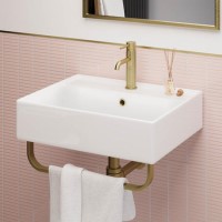 White Square Wall Hung Basin with Brass Rack 497mm - Bowen