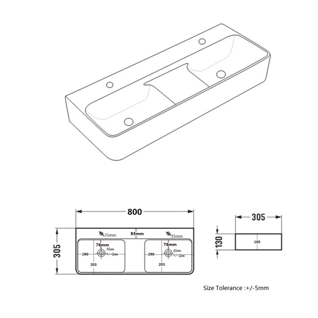 White Square Countertop Double Basin 800mm - Bowen