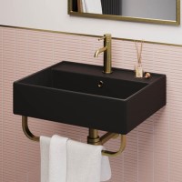 Matt Black Square Wall Hung Basin with Brass Rack 497mm - Bowen