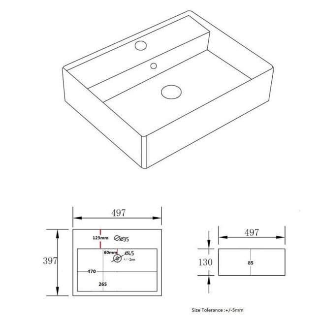 Matt Black Square Countertop Basin 497mm - Bowen