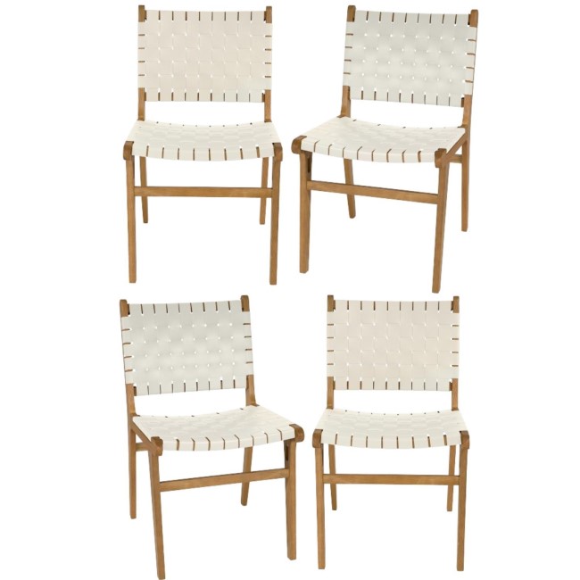 Set of 4 Solid Oak Cream Faux Leather Woven Dining Chairs - Bree