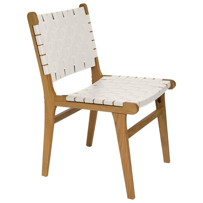 Set of 2 Solid Oak Cream Faux Leather Woven Dining Chairs - Bree