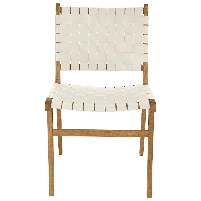 Set of 2 Solid Oak Cream Faux Leather Woven Dining Chairs - Bree