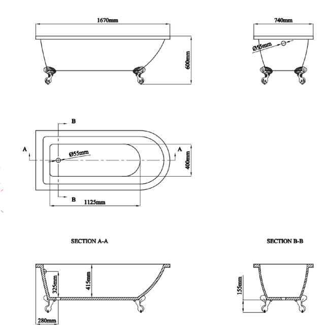 Freestanding Single Ended Shower Bath with Chrome Feet & Bath Screen 1670 x 740mm - Park Royal