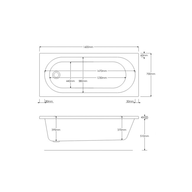 Single Ended Shower Bath with Front Panel & Left Hand Black Grid Bath Screen 1600 x 700mm - Alton