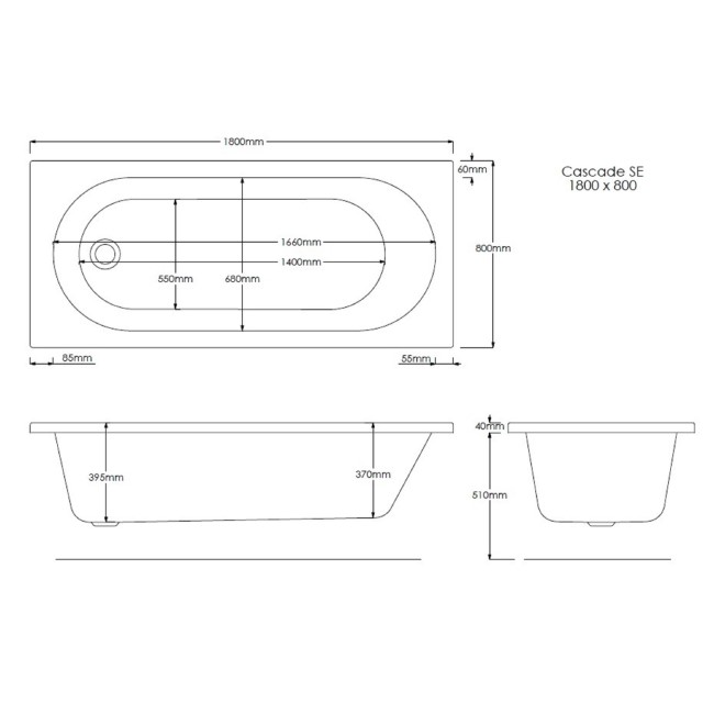 Single Ended Shower Bath with Front Panel & Left Hand Black Grid Bath Screen 1800 x 700mm - Alton