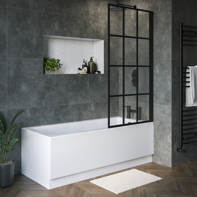 Rutland Single Ended Square Bath with Front Panel & Black Grid Screen - Right Hand 1500 x 700