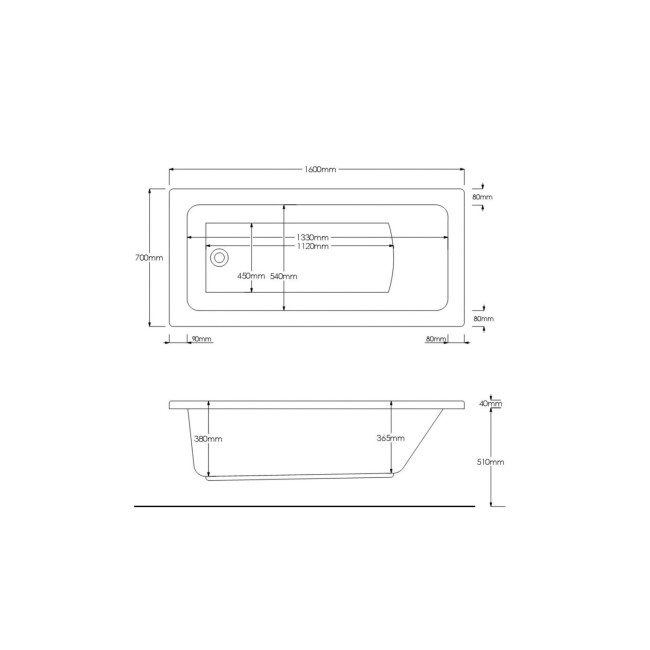 Rutland Single Ended Square Bath with Front Panel & Black Grid Screen - Left Hand 1600 x 700