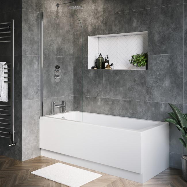 Single Ended Shower Bath with Front Panel & Hinged Chrome Bath Screen 1700 x 700mm - Rutland