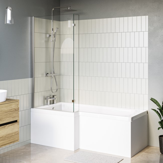 L Shape Shower Bath Left Hand with Front Panel & Chrome Bath Screen 1500 x 850mm - Lomax