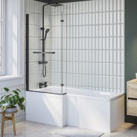 Lomax 1500 x 850 L Shaped Shower Bath Left Hand with Front Panel & Matt Black Bath Screen with Towel Rail