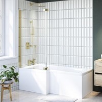 L Shape Shower Bath Left Hand with Front Panel & Brushed Brass Screen 1500 x 850mm - Lomax