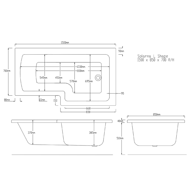 Lomax 1500 x 850 L Shaped Shower Bath Right Hand with Front Panel and 1450mm Chrome Bath Screen with Towel Rail