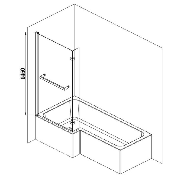 L Shape Shower Bath Left Hand with Front Panel & Black Bath Screen with Towel Rail 1700 x 850mm - Lomax