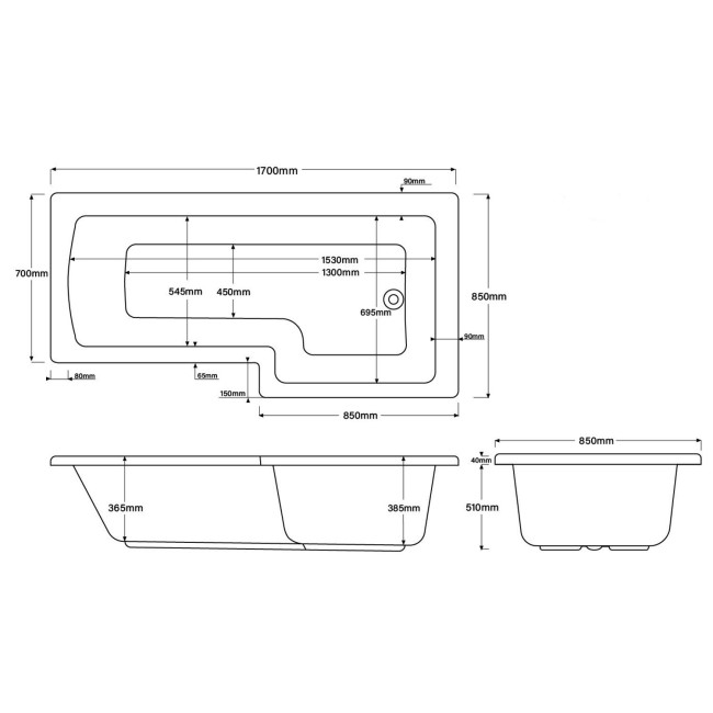 L Shape Shower Bath Left Hand with Front Panel & Brushed Brass Screen 1700 x 850mm - Lomax