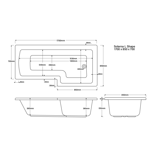 L Shape Shower Bath Right Hand with Front Panel & Black Bath Screen with Towel Rail 1700 x 850mm - Lomax