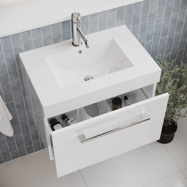 600 mm White Wall Hung Vanity Unit with Basin and Chrome Handles - Ashford