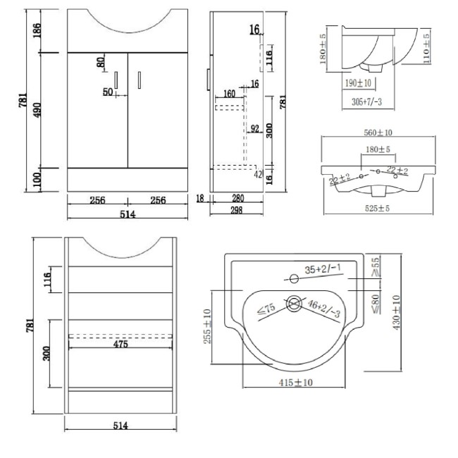 570mm White Freestanding Vanity Unit with Basin - Classic