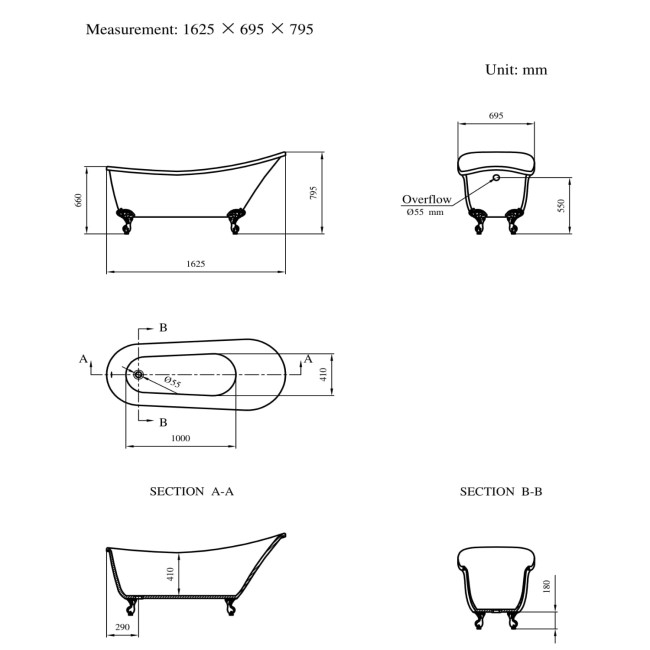 Freestanding Single Ended Roll Top Slipper Bath Black with Black Feet 1625 x 695mm - Lunar